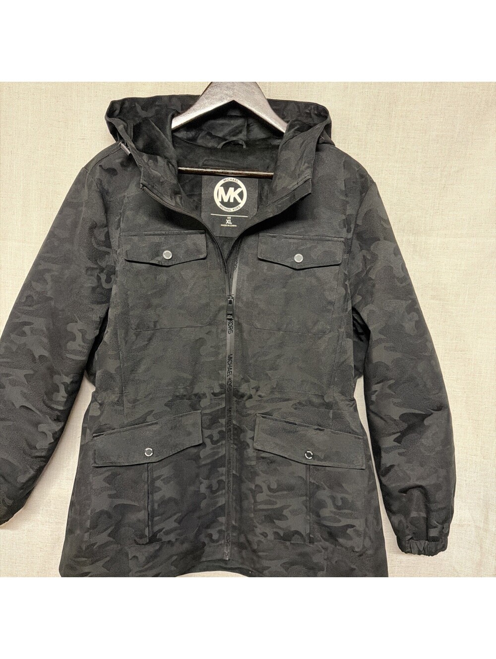Michael Kors Womens Black Camouflage Hooded Full-Zip Anorak Jacket Size X-Large